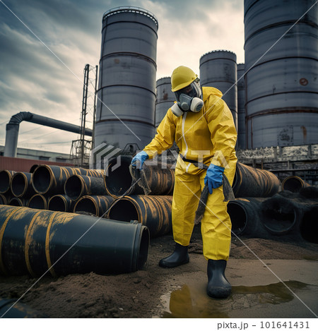 A man in a yellow protective suit and gas mask. AI generative image 101641431