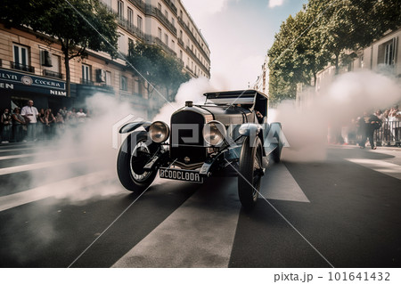A vintage car driving down a street with smoke coming out of it. AI generative image 101641432