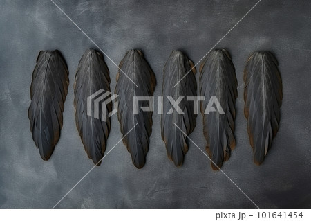 A group of five feathers sitting on top of a table. AI generative image 101641454