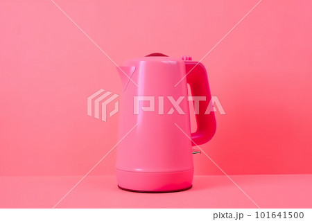 a purple electric kettle sitting on top of a table next to a pink wall and  a pink wall in the background with a black handle. generative ai Stock  Illustration