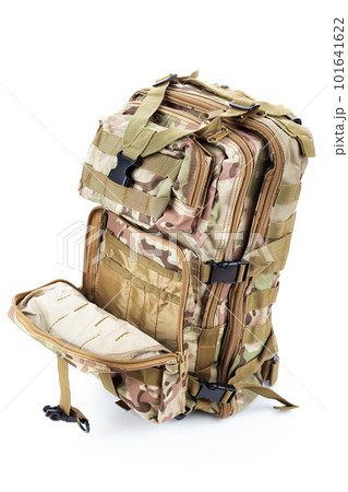 Open military backpack of khaki color on a white background. 101641622