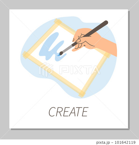 Squared banner with hand holding brush above paper flat style 101642119