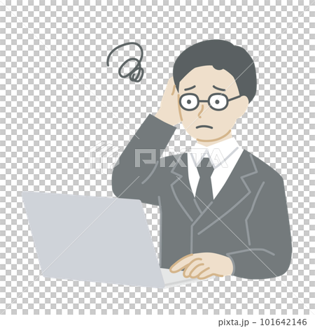 A man in a suit who worries while operating a computer A man in a suit who worries while operating a computer 101642146