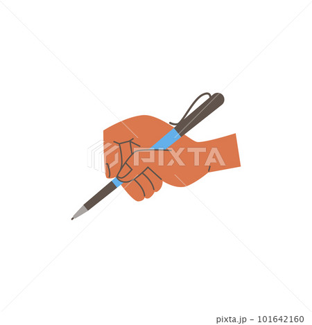 Human hand holding writing pen flat cartoon vector illustration isolated. 101642160