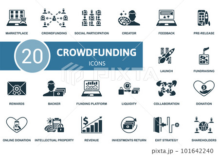Crowdfunding set. Creative icons: marketplace, crowdfunding, social participation, creator, feedback, pre-release, launch, fundraising, rewards, backer, funding platform, liquidity, collaboration 101642240