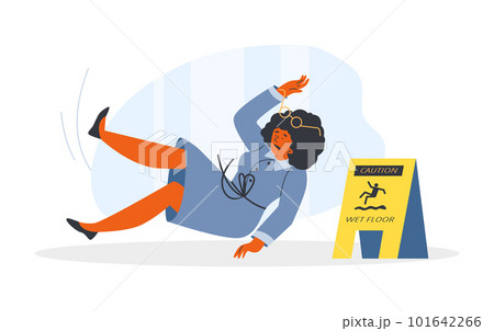 Falling curly woman, yellow triangular wet floor sign flat style 101642266