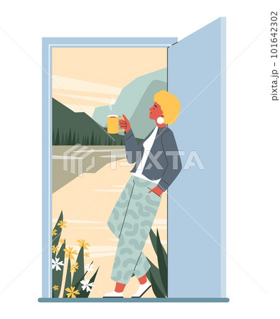 Smiling woman standing in open doorway and enjoying view and hot drink flat style 101642302