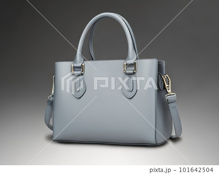 Grey backdrop with a woman carrying a leather bag. Generative AI. Grey backdrop with a woman carrying a leather bag. Generative AI. 101642504