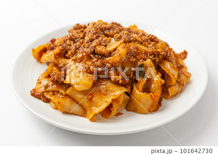 Fried noodles with mala sauce on white background 101642730