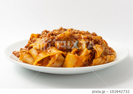 Fried noodles with mala sauce on white background 101642732
