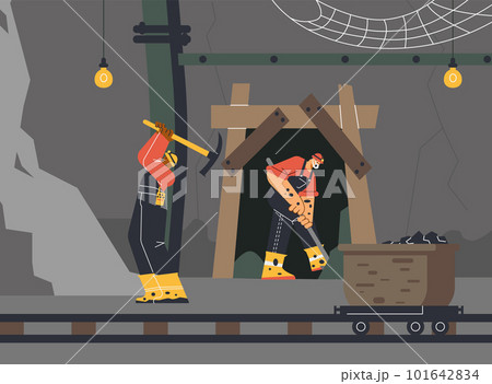 Miners using pickaxe and shovel extracting coal and minerals underground, flat vector illustration. 101642834