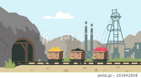 Carts loaded with coal and minerals leave mine, flat vector illustration. Carts loaded with coal and minerals leave mine, flat vector illustration. 101642838