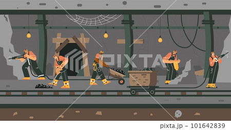 Miners working in underground tunnel extracting minerals, flat vector illustration. Miners working in underground tunnel extracting minerals, flat vector illustration. 101642839