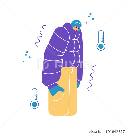 Man shivering from cold, low temperature outside - flat vector illustration isolated on white background. Man shivering from cold, low temperature outside - flat vector illustration isolated on white background. 101642857