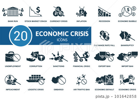 Economic crisis set. Creative icons: bank run, stock market crash, currency crisis, inflation, recession, economic bubble, exchange rate fall, bankruptcy, unemployment, corruption, sanctions 101642858