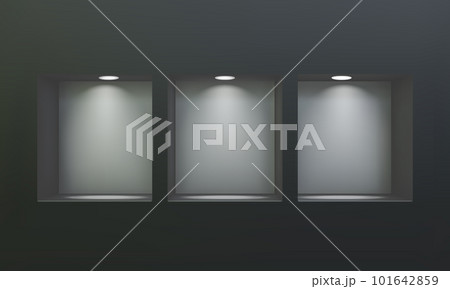 Three empty niches or shelves on black wall with led spotlight 3D mockup Three empty niches or shelves on black wall with led spotlight 3D mockup 101642859