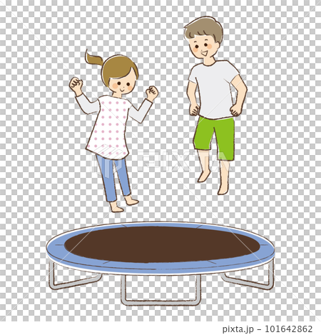 Man and woman playing on one trampoline Man and woman playing on one trampoline 101642862