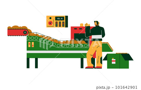 Man in headphones working on conveyor, tobacco industry flat style 101642901