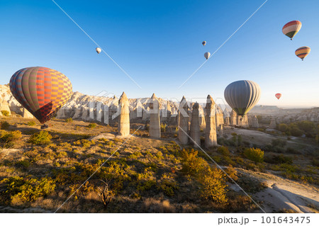 beautiful scenery flight of balloons in the mountains of Cappadocia in love valley beautiful scenery flight of balloons in the mountains of Cappadocia in love valley 101643475