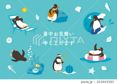 海辺でバカンスを楽しむペンギンの暑中見舞いのイラスト素材 [101643565] - PIXTA