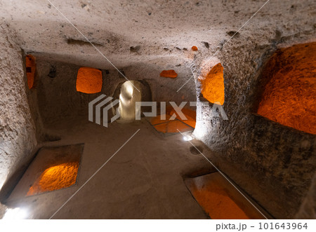 interior of an underground ancient city in Turkey in the Cappadocia region. 101643964