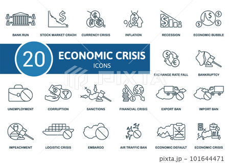 Economic crisis set. Creative icons: bank run, stock market crash, currency crisis, inflation, recession, economic bubble, exchange rate fall, bankruptcy, unemployment, corruption, sanctions 101644471