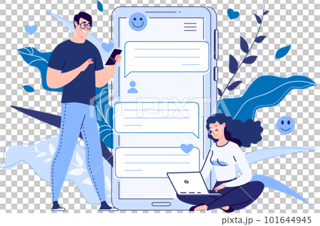 Happy people communicate online by phone, send emoticons and likes. 101644945
