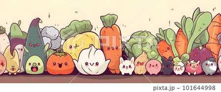 Vegetables and fruits cartoon characters banner 101644998