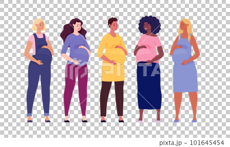 Set of women expecting baby, dressed in maternity clothes, hugging their big bellies. Young beautiful mothers of different nationalities. 101645454