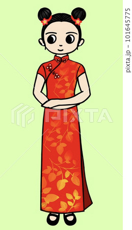 チャイナドレスを着た女の子のイラスト、中国の伝統的な民族衣装、民族衣装を着た女性のイラスト 101645775
