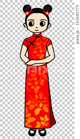 チャイナドレスを着た女の子のイラスト、中国の伝統的な民族衣装、民族衣装を着た女性のイラスト 101645775