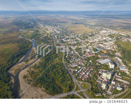 Ukraine, Stryi, Beautiful views on the river and city,  bird's eye view from quadcopter, dron 101646025