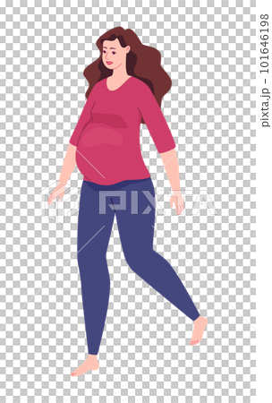 Three-quarter view of pregnant woman walking barefoot. Flat character vector illustration. 101646198