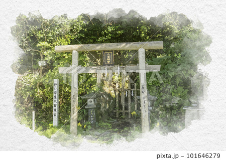 水彩画風　粟嶋神社　静の岩屋　鳥取県米子市 101646279