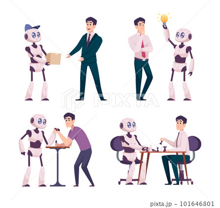 People and robots. Business connection and conversation near persons and robots androids exact vector cartoon concept characters 101646801