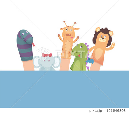 Sock puppets. funny attraction for kids cartoon animals from socks. Vector pictures of puppets Sock puppets. funny attraction for kids cartoon animals from socks. Vector pictures of puppets 101646803