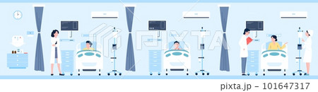 Hospitalized patient in intensive therapy clinic. Hospital patients, doctor and nurse. Emergency help, medical healthcare recent vector scene Hospitalized patient in intensive therapy clinic. Hospital patients, doctor and nurse. Emergency help, medical healthcare recent vector scene 101647317