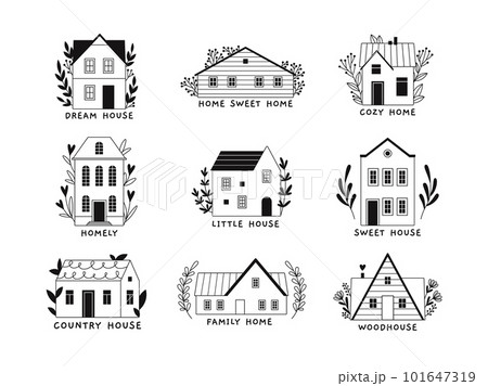 Sweet home graphic logo. Monochrome houses and inscription, nostalgic signs. Town tiny buildings with plants. Real estate racy vector emblems Sweet home graphic logo. Monochrome houses and inscription, nostalgic signs. Town tiny buildings with plants. Real estate racy vector emblems 101647319