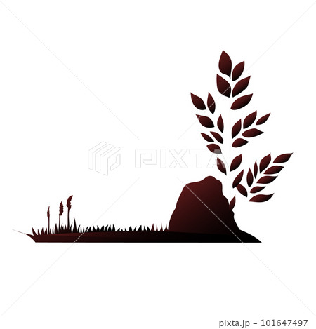 Vector illustration of the background. landscape stone with grass and plant branches, silhouette 101647497