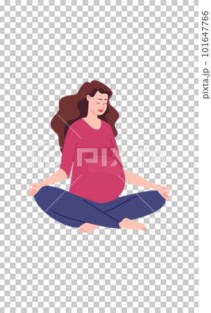 Pregnant woman meditates while sitting in lotus position. Relaxing yoga during pregnancy. Psychotherapeutic breathing gymnastics. Flat character vector illustration. Pregnant woman meditates while sitting in lotus position. Relaxing yoga during pregnancy. Psychotherapeutic breathing gymnastics. Flat character vector illustration. 101647766