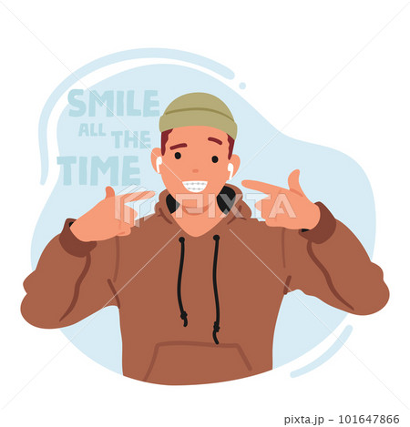 Male Character Beaming With Joy, Man With Braces Is Thrilled With The Progress Of His Treatment, Vector Illustration 101647866