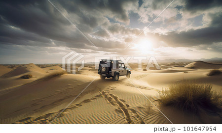 SUV in Golden Desert Sand at Sunset, with Tracks and Footprints around 101647954