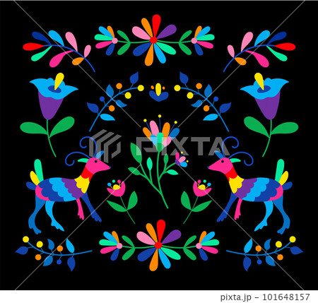 Mexican otomi embrodery ornament. Colorful Mexican Traditional Textile Embroidery Style. Folk otomi style graphic, wallpaper. Festive mexican floral motif. Mexican otomi embrodery ornament. Colorful Mexican Traditional Textile Embroidery Style. Folk otomi style graphic, wallpaper. Festive mexican floral motif. 101648157