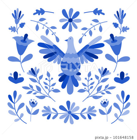 Mexican otomi embrodery ornament. Colorful Mexican Traditional Textile Embroidery Style. Folk otomi style graphic, wallpaper. Festive mexican floral motif. Mexican otomi embrodery ornament. Colorful Mexican Traditional Textile Embroidery Style. Folk otomi style graphic, wallpaper. Festive mexican floral motif. 101648158