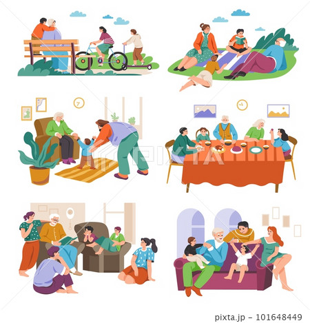 Grandparents spending time. Old retired people with family walking in park nature picnic, playing grandson or celebrate birthday party, happy grandparent recent vector illustration Grandparents spending time. Old retired people with family walking in park nature picnic, playing grandson or celebrate birthday party, happy grandparent recent vector illustration 101648449