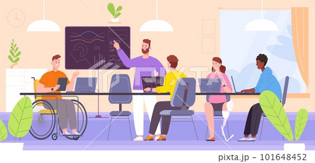 Inclusive office. Inclusion diversity equity workplace, diverse people team work communication, worker on wheelchair at job meeting handicap managing, splendid vector illustration 101648452
