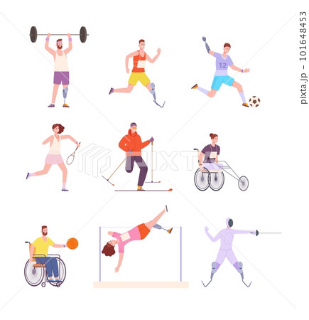 Paralympic athletes. Disabled people with prosthetics legs, disability athlete on wheelchair at winter or summer sport marathon, handicapped sprinter splendid vector illustration 101648453
