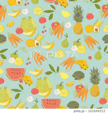 Seamless Pattern with Fruits and Vegetables on Blue Background 101648512