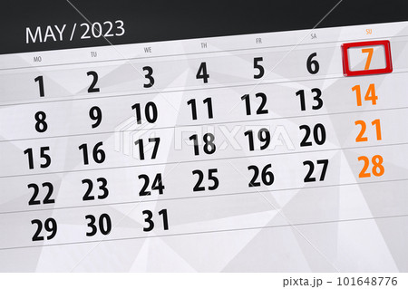 Calendar 2023, deadline, day, month, page, organizer, date, May, sunday, number 7 101648776