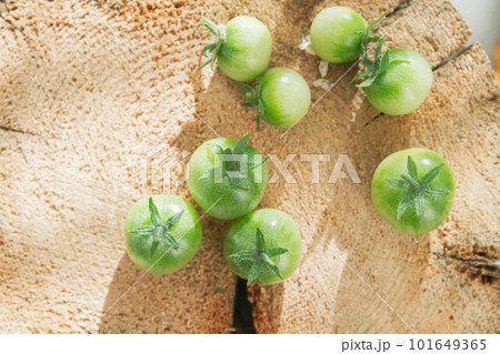 Green cherry tomatoes on wooden stump in bright rays of sun. Green cherry tomatoes on wooden stump in bright rays of sun. 101649365